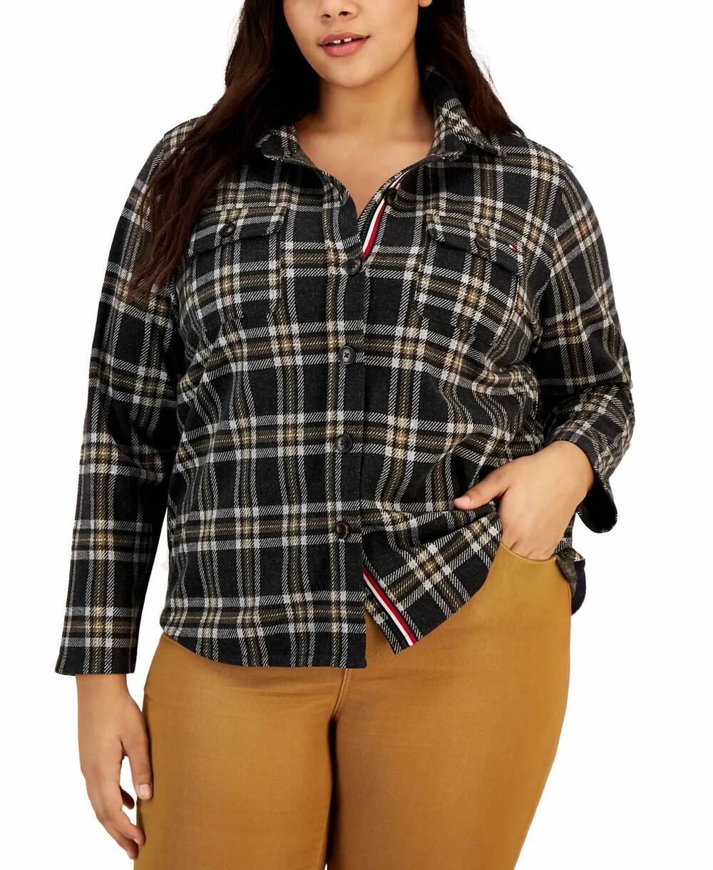 NEW TOMMY HILFIGER classic plaid shacket - plus in black